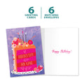 Load image into Gallery viewer, The cover and inside of Tree-Free’s Cake Day card, along with the following text: “6 greeting cards, 6 matching envelopes”
