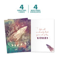 Load image into Gallery viewer, The cover and inside of Tree-Free’s Shoot for the Stars card, along with the following text: “4 greeting cards, 4 matching envelopes”
