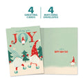 Load image into Gallery viewer, The cover and inside of Tree-Free’s Joy Gnomes card, along with the following text: “4 greeting cards, 4 matching envelopes”
