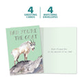 Load image into Gallery viewer, The cover and inside of Tree-Free’s GOAT Dad card, along with the following text: “4 greeting cards, 4 matching envelopes”
