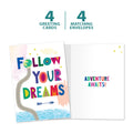Load image into Gallery viewer, The cover and inside of Tree-Free’s Follow Dreams card, along with the following text: “4 greeting cards, 4 matching envelopes”
