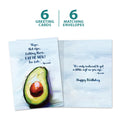Load image into Gallery viewer, The cover and inside of Tree-Free’s Ripe Avocados card, along with the following text: “6 greeting cards, 6 matching envelopes”
