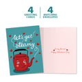 Load image into Gallery viewer, The cover and inside of Tree-Free’s Let&#39;s Get Steamy card, along with the following text: “4 greeting cards, 4 matching envelopes”
