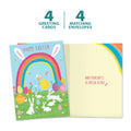 Load image into Gallery viewer, The cover and inside of Tree-Free’s Rainbow Bunnies card, along with the following text: “4 greeting cards, 4 matching envelopes”
