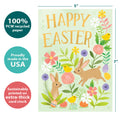 Load image into Gallery viewer, The cover of Tree-Free’s Floral Bunnies card with lines demonstrating its 5x7 dimensions, along with the following text: “100% PCW recycled paper, proudly made in the USA, sustainably printed on extra-thick card stock”
