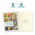Load image into Gallery viewer, The cover and inside of Tree-Free’s Bird Celebration card, along with the following text: “6 greeting cards, 6 matching envelopes”

