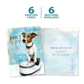 Load image into Gallery viewer, The cover and inside of Tree-Free’s What&#39;s Up Dog card, along with the following text: “6 greeting cards, 6 matching envelopes”
