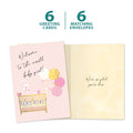 Load image into Gallery viewer, The cover and inside of Tree-Free’s Welcome to the World card, along with the following text: “6 greeting cards, 6 matching envelopes”
