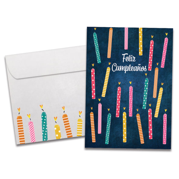 The cover of Tree-Free's Cumpleanos Candles card, along with its matching envelope.