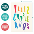 Load image into Gallery viewer, The cover of Tree-Free’s Cumpleanos Rainbow card with lines demonstrating its 5x7 dimensions, along with the following text: “100% PCW recycled paper, proudly made in the USA, sustainably printed on extra-thick card stock”
