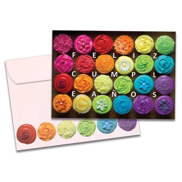 The cover of Tree-Free's Feliz Cupcakes card, along with its matching envelope.