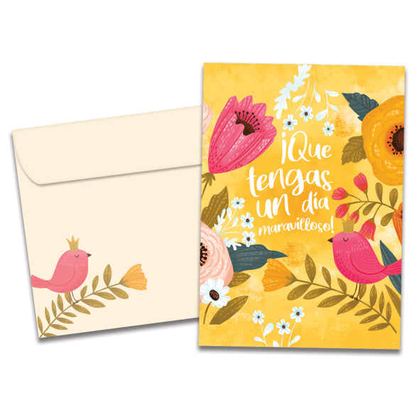 The cover of Tree-Free's Cumpleanos Bird card, along with its matching envelope.