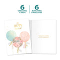 Load image into Gallery viewer, The cover and inside of Tree-Free’s Happy for You card, along with the following text: “6 greeting cards, 6 matching envelopes”
