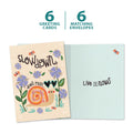 Load image into Gallery viewer, The cover and inside of Tree-Free’s Slow Down card, along with the following text: “6 greeting cards, 6 matching envelopes”
