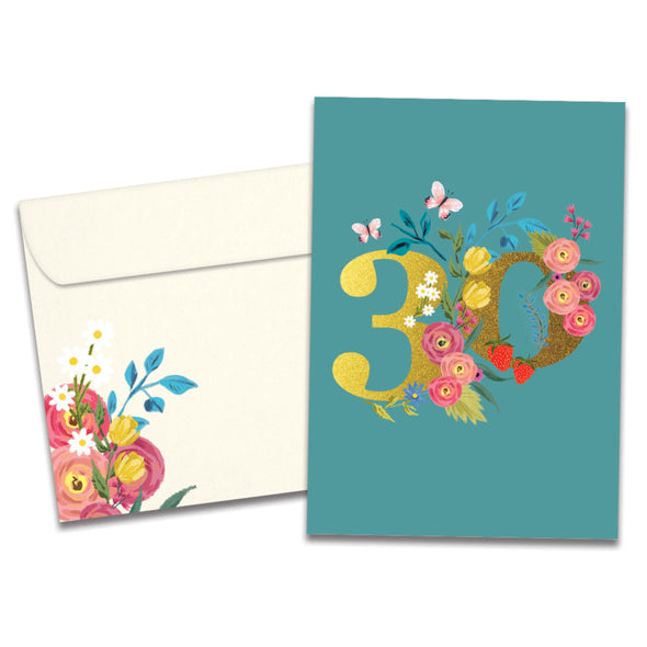 The cover of Tree-Free's Joyful 30 card, along with its matching envelope.