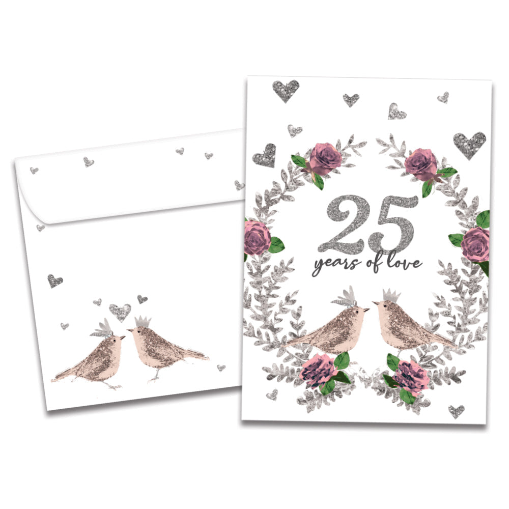 The cover of Tree-Free's 25 Years of Love card, along with its matching envelope.