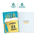Load image into Gallery viewer, The cover and inside of Tree-Free’s Cheers to 21 card, along with the following text: “6 greeting cards, 6 matching envelopes”

