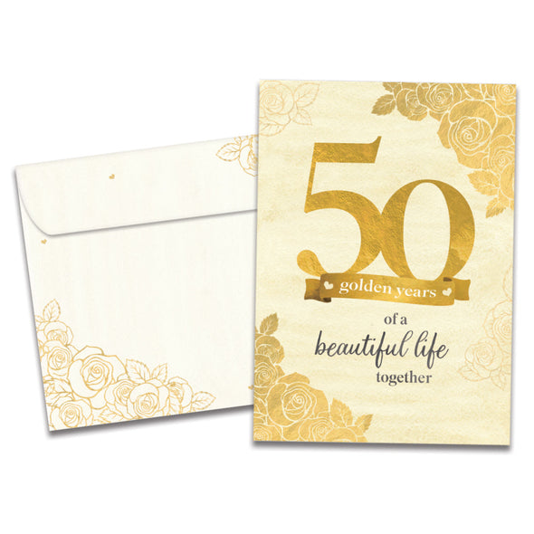 The cover of Tree-Free's 50 Golden Years card, along with its matching envelope.