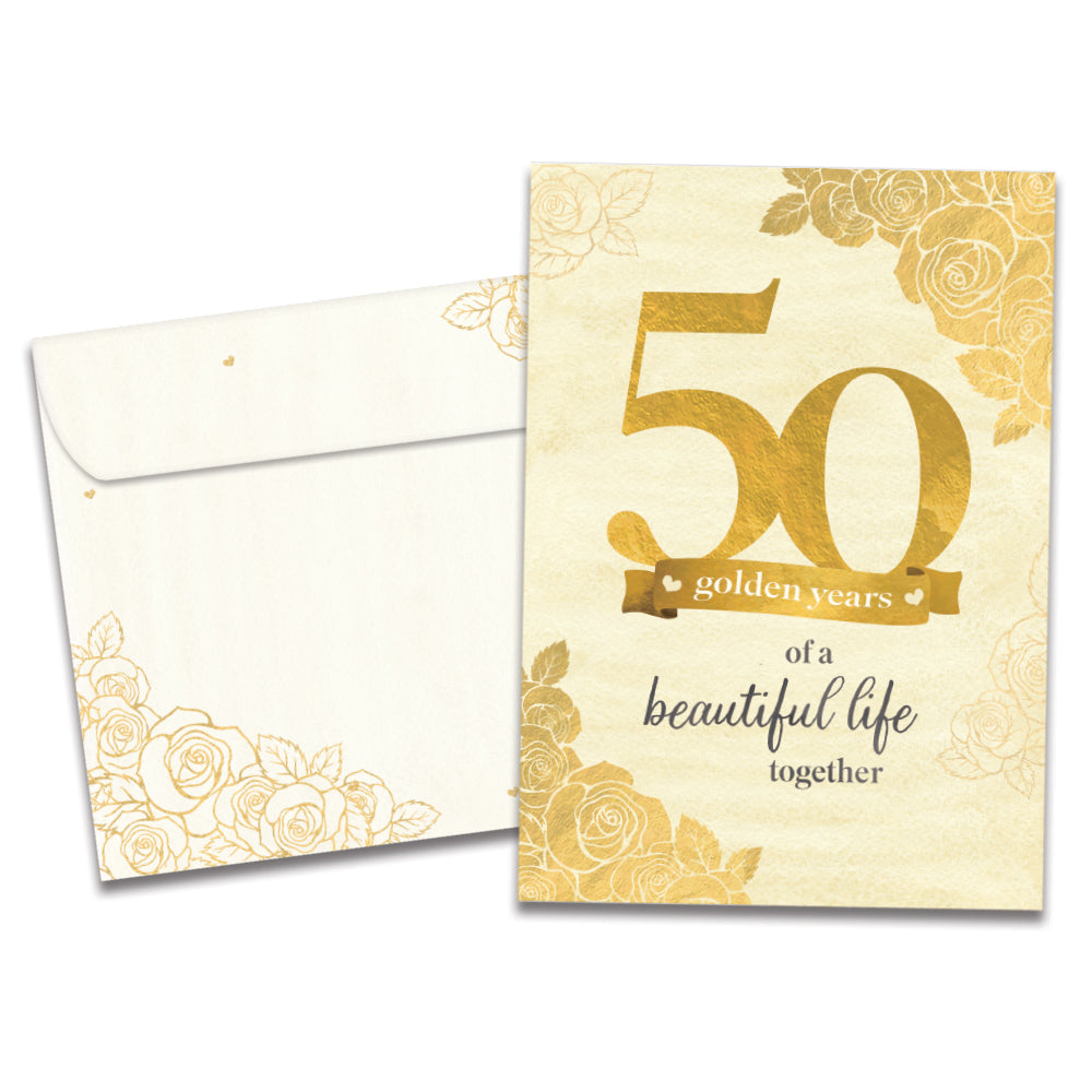 The cover of Tree-Free's 50 Golden Years card, along with its matching envelope.