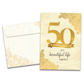 Load image into Gallery viewer, The cover of Tree-Free&#39;s 50 Golden Years card, along with its matching envelope.
