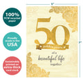 Load image into Gallery viewer, The cover of Tree-Free’s 50 Golden Years card with lines demonstrating its 5x7 dimensions, along with the following text: “100% PCW recycled paper, proudly made in the USA, sustainably printed on extra-thick card stock”
