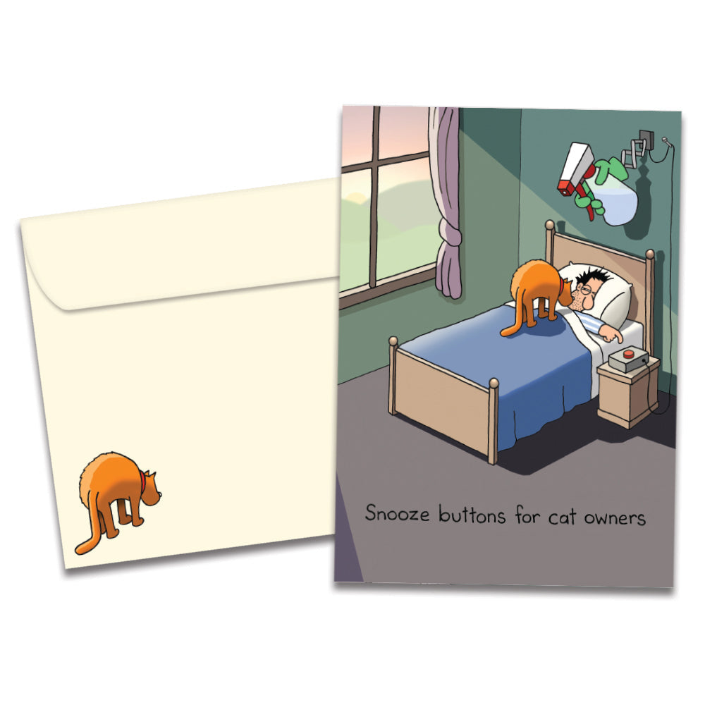 The cover of Tree-Free's Snooze Buttons card, along with its matching envelope.