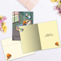 Load image into Gallery viewer, The inside of Tree-Free’s Snooze Buttons card, with the cover and envelope in the background.
