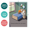Load image into Gallery viewer, The cover of Tree-Free’s Snooze Buttons card with lines demonstrating its 5x7 dimensions, along with the following text: “100% PCW recycled paper, proudly made in the USA, sustainably printed on extra-thick card stock”
