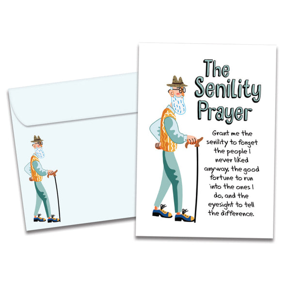 Cover of The Senility Prayer Birthday card (featuring serif text next to artwork of an old man holding a cane) and its matching envelope