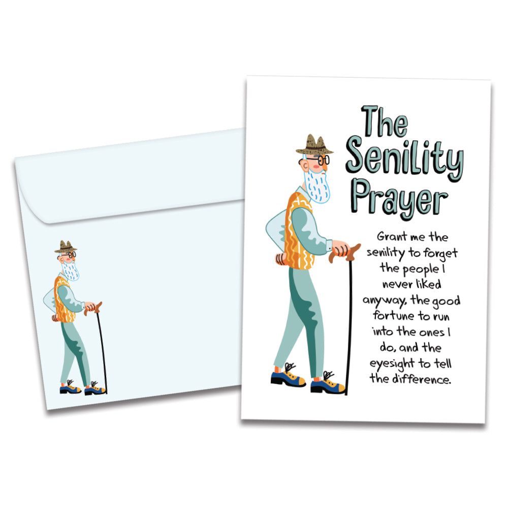 Cover of The Senility Prayer Birthday card (featuring serif text next to artwork of an old man holding a cane) and its matching envelope