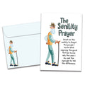 Load image into Gallery viewer, Cover of The Senility Prayer Birthday card (featuring serif text next to artwork of an old man holding a cane) and its matching envelope
