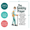 Load image into Gallery viewer, The cover of Tree-Free’s The Senility Prayer card with lines demonstrating its 5x7 dimensions, along with the following text: “100% PCW recycled paper, proudly made in the USA, sustainably printed on extra-thick card stock”
