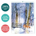 Load image into Gallery viewer, The cover of Tree-Free’s Forgiving Fox card with lines demonstrating its 5x7 dimensions, along with the following text: “100% PCW recycled paper, proudly made in the USA, sustainably printed on extra-thick card stock”
