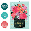 Load image into Gallery viewer, The cover of Tree-Free’s Beautiful Wife card with lines demonstrating its 5x7 dimensions, along with the following text: “100% PCW recycled paper, proudly made in the USA, sustainably printed on extra-thick card stock”
