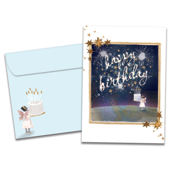 Cover of Sparkly Day Birthday card (featuring script text above artwork of a girl with butterfly wings holding a cake surrounded by stars) and its matching envelope