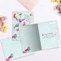 Load image into Gallery viewer, The inside of Tree-Free’s Bird Day Wishes card, with the cover and envelope in the background.
