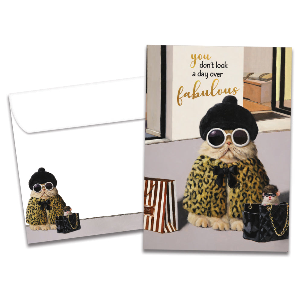 Cover of A Day Over Fabulous Birthday card (featuring script and serif text above artwork of a cat and a mouse wearing fashionable outfits and holding by shopping bags) and its matching envelope