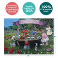 Load image into Gallery viewer, The cover of Tree-Free’s Family Blessings card with lines demonstrating its 5x7 dimensions, along with the following text: “100% PCW recycled paper, proudly made in the USA, sustainably printed on extra-thick card stock”
