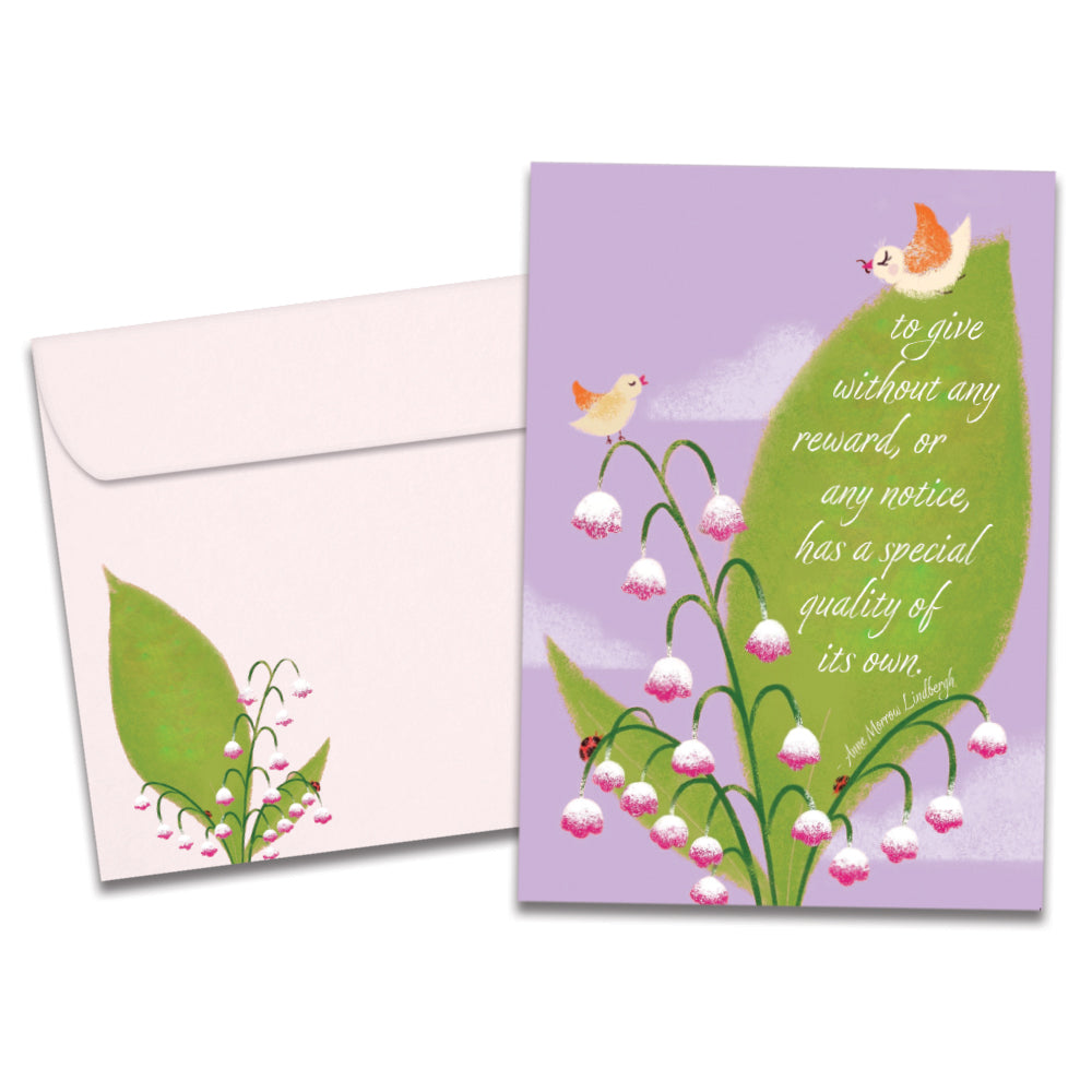 The cover of Tree-Free's Without Any Reward card, along with its matching envelope.