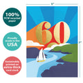 Load image into Gallery viewer, The cover of Tree-Free’s Smooth Sailing 60 card with lines demonstrating its 5x7 dimensions, along with the following text: “100% PCW recycled paper, proudly made in the USA, sustainably printed on extra-thick card stock”
