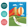 Load image into Gallery viewer, The cover of Tree-Free’s Good Times 40 card with lines demonstrating its 5x7 dimensions, along with the following text: “100% PCW recycled paper, proudly made in the USA, sustainably printed on extra-thick card stock”
