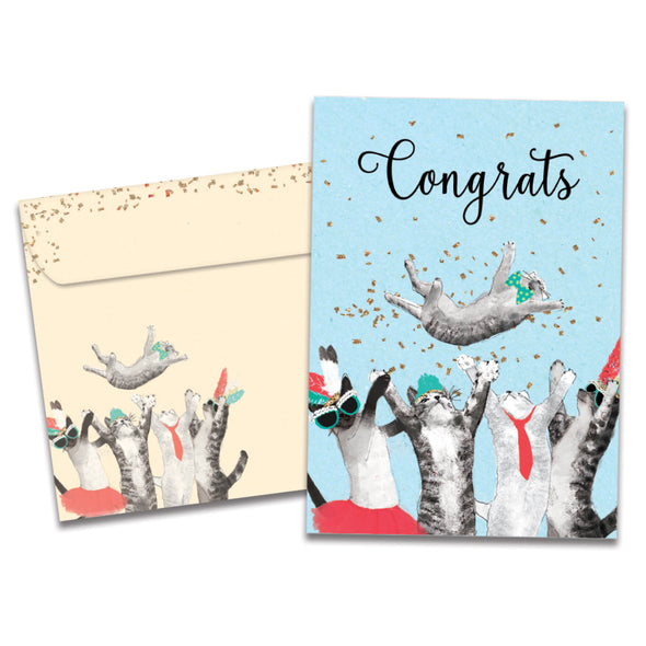 Cover of Cat Congrats Congratulations card (featuring script text above artwork of five cats dancing surrounded by confetti) and its matching envelope