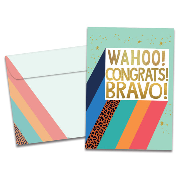 The cover of Tree-Free's Bravo Congrats card, along with its matching envelope.