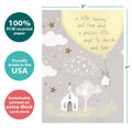 Load image into Gallery viewer, The cover of Tree-Free’s A Little Blessing card with lines demonstrating its 5x7 dimensions, along with the following text: “100% PCW recycled paper, proudly made in the USA, sustainably printed on extra-thick card stock”
