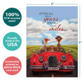 Load image into Gallery viewer, The cover of Tree-Free’s All These Miles card with lines demonstrating its 5x7 dimensions, along with the following text: “100% PCW recycled paper, proudly made in the USA, sustainably printed on extra-thick card stock”
