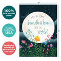 Load image into Gallery viewer, The cover of Tree-Free’s Boundless Love card with lines demonstrating its 5x7 dimensions, along with the following text: “100% PCW recycled paper, proudly made in the USA, sustainably printed on extra-thick card stock”
