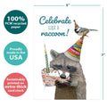 Load image into Gallery viewer, The cover of Tree-Free’s Like a Raccoon card with lines demonstrating its 5x7 dimensions, along with the following text: “100% PCW recycled paper, proudly made in the USA, sustainably printed on extra-thick card stock”
