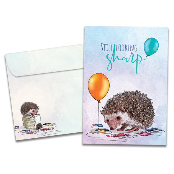 Cover of Still Looking Sharp Birthday card (featuring script and serif text above artwork of a hedgehog surrounded by popped and unpopped balloons) and its matching envelope