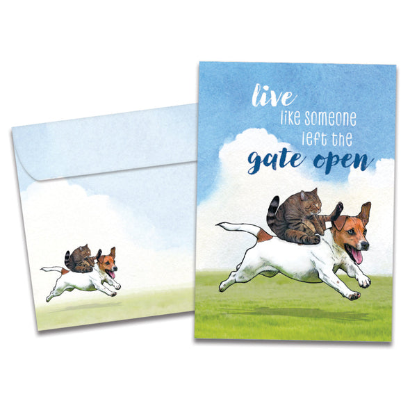 Cover of Gate Left Open Birthday card (featuring script and serif text above artwork of a cat sitting on top of a dog running through a field) and its matching envelope