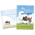 Load image into Gallery viewer, Cover of Gate Left Open Birthday card (featuring script and serif text above artwork of a cat sitting on top of a dog running through a field) and its matching envelope
